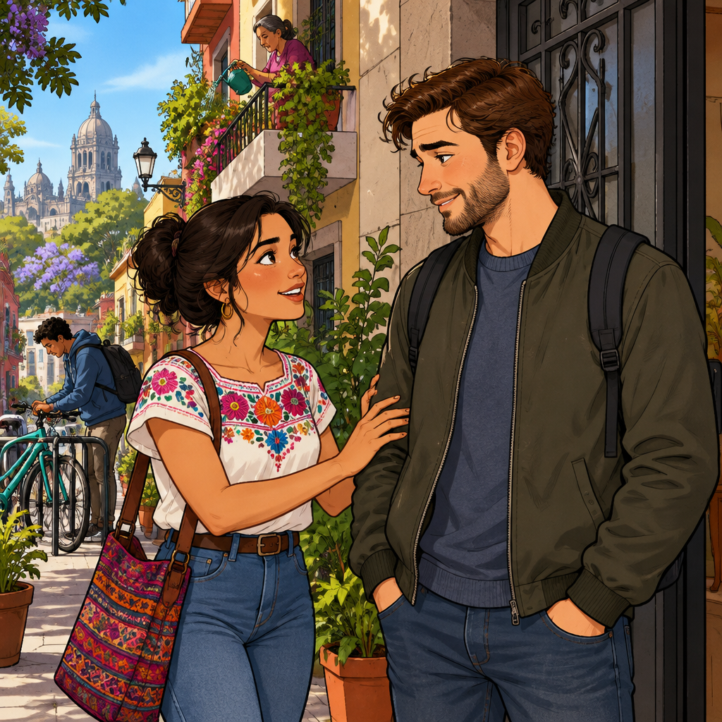 Megan speaks to Justin with sincere affection, hand briefly touching his arm.