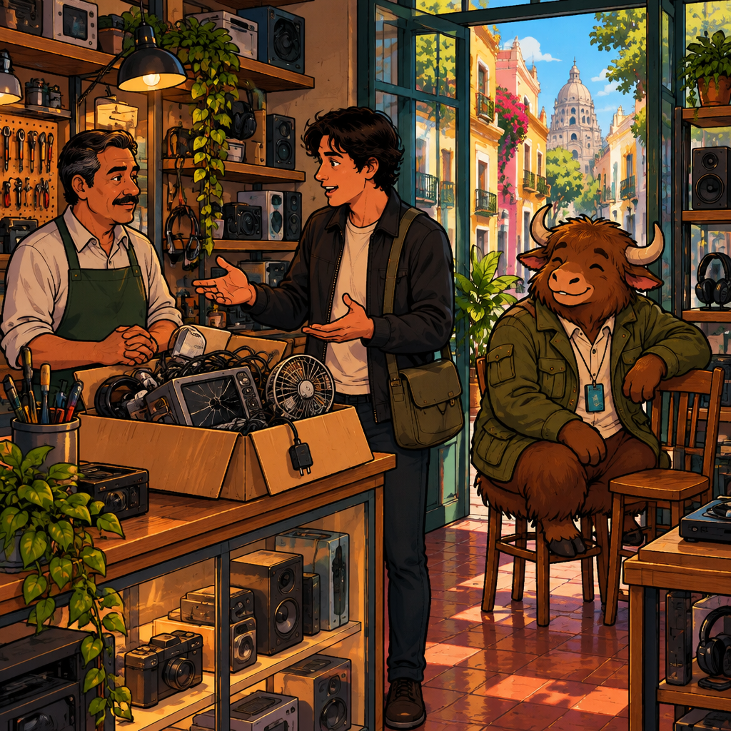 Inside a small electronics shop, Justin stands at the counter with a box of faulty devices while a patient clerk listens and Yako watches from two chairs by the door.