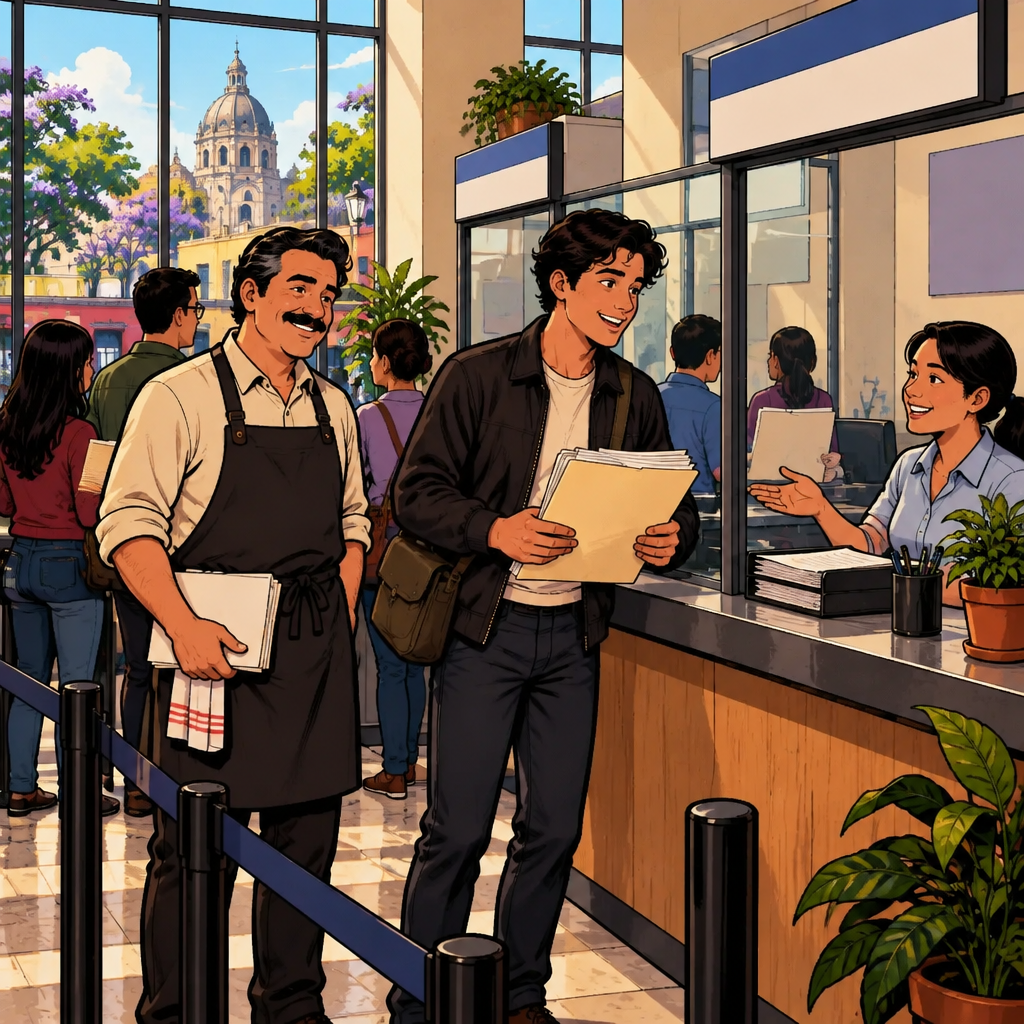 Justin stands inside a public service office near colonia El Laurel with a folder while Michael waits beside him, several orderly lines lead to service windows, and a clerk assists people at one trámite window.