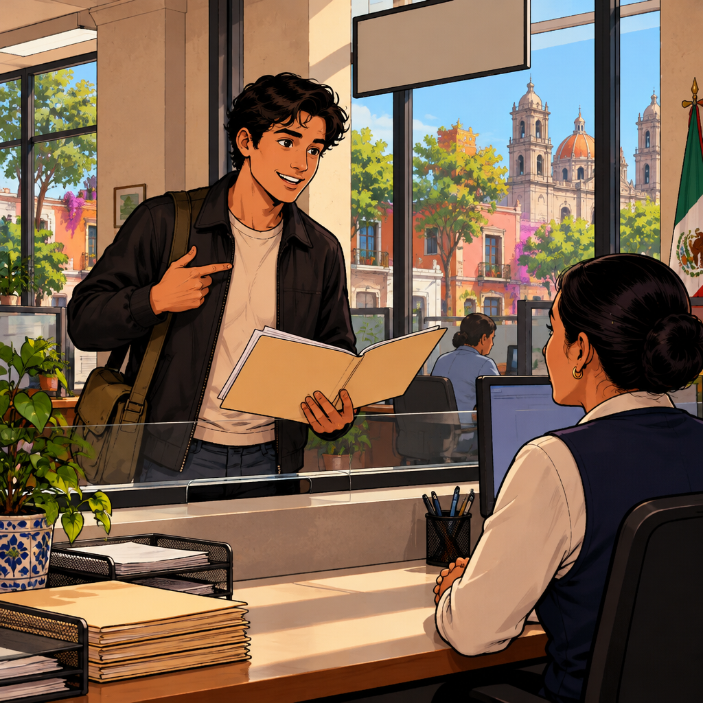 Justin stands at the trámite counter with his folder open and gestures toward himself and the documents he brought to explain his purpose.