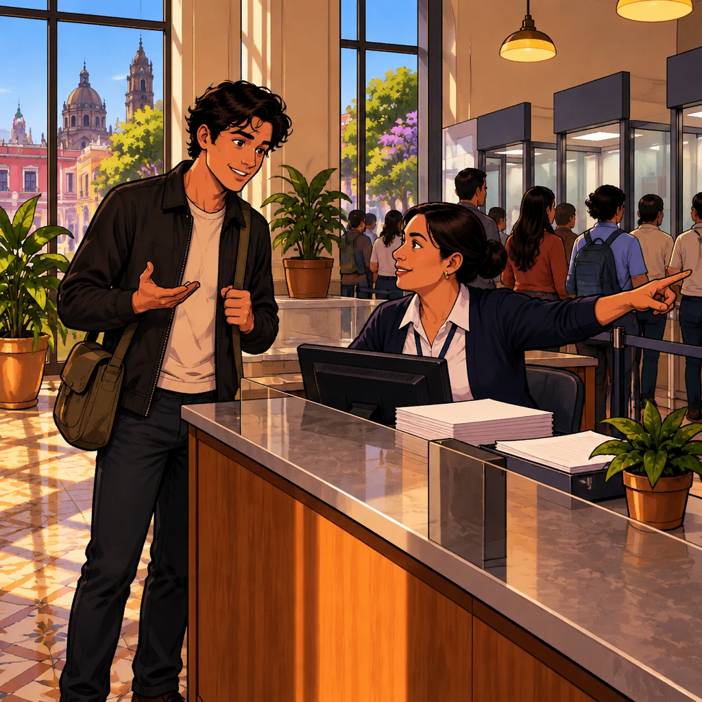 Justin leans toward the clerk with an inquisitive raised hand as the clerk points clearly toward the correct service window.