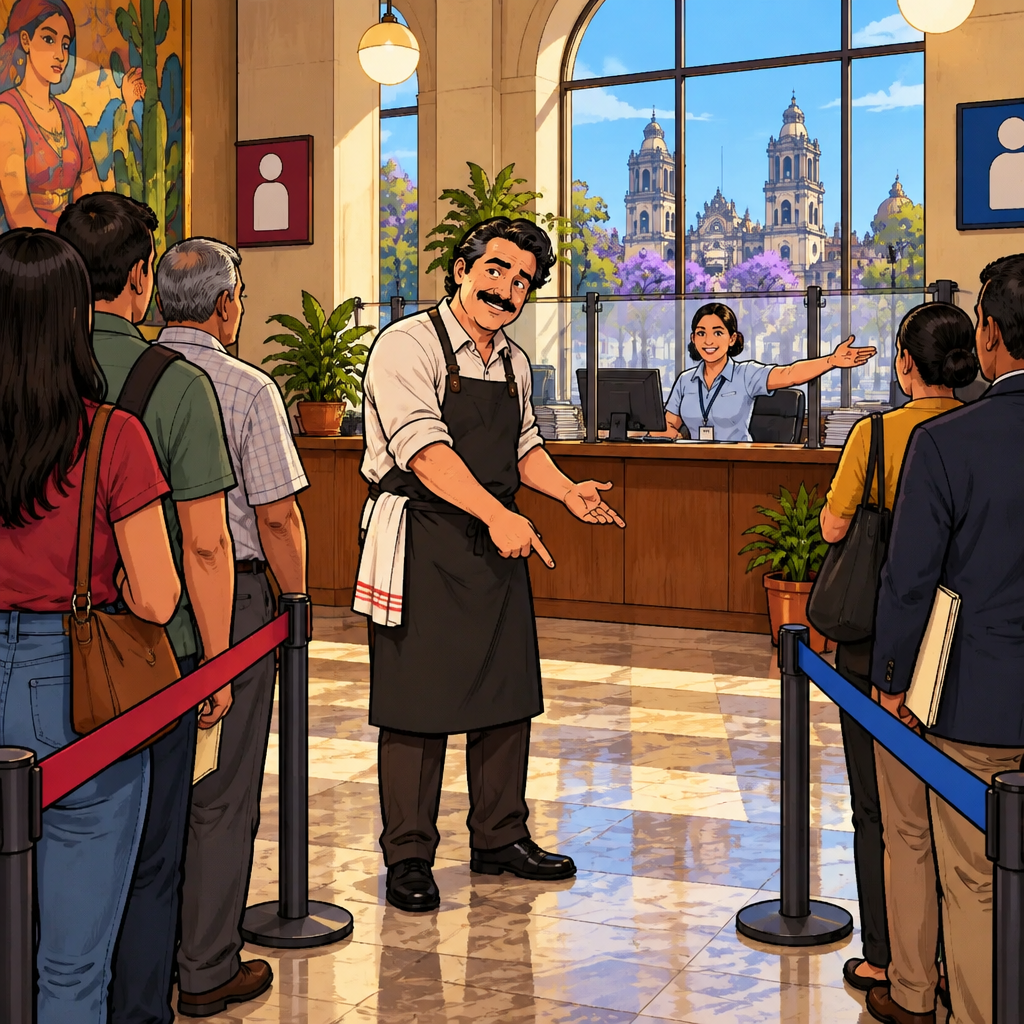 Michael stands between two distinct lines, looking from one queue to the other and pointing toward the floor as he seeks the correct place to wait.