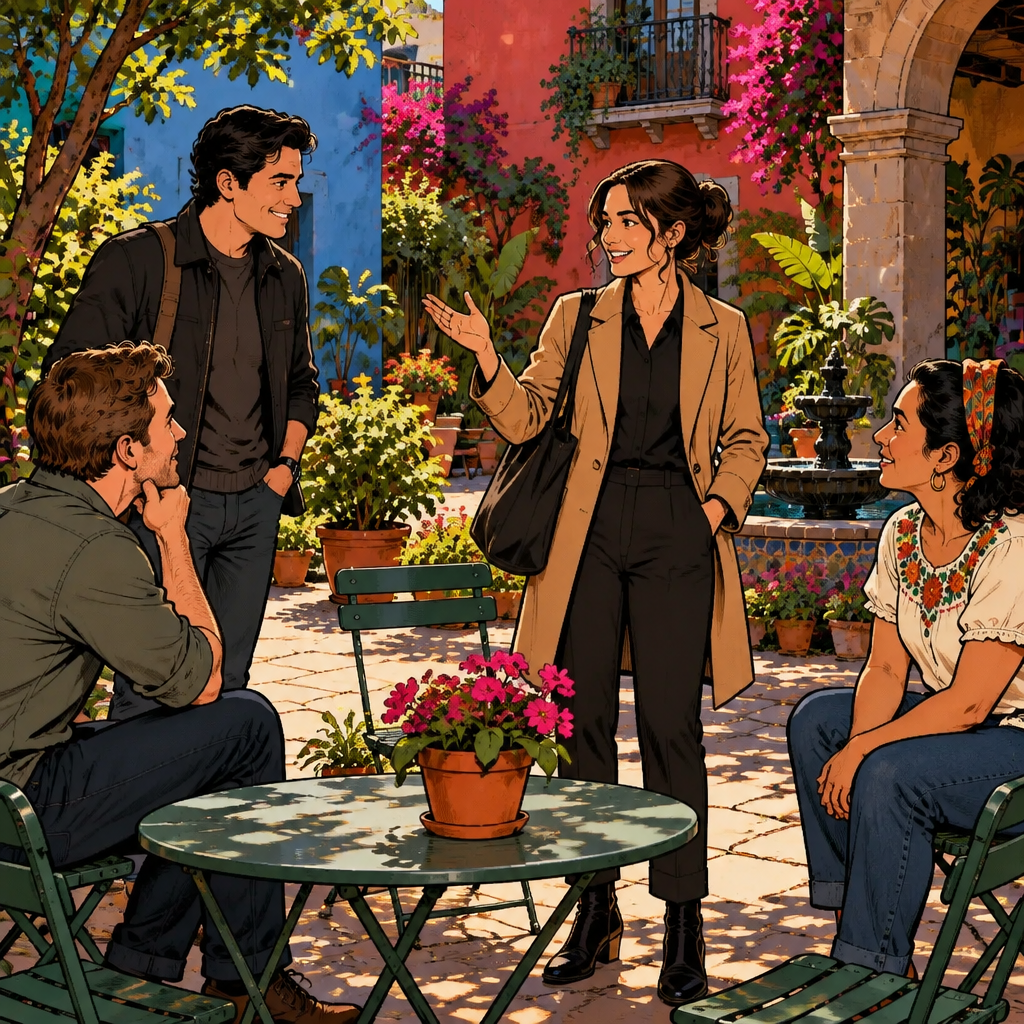 Amanda proposes a plan while the other courtyard residents focus on her.