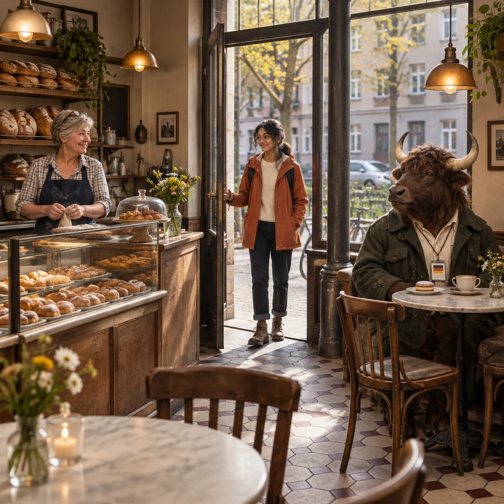 Priya enters the bakery as Renate watches from the counter and Anton sits at the corner table.