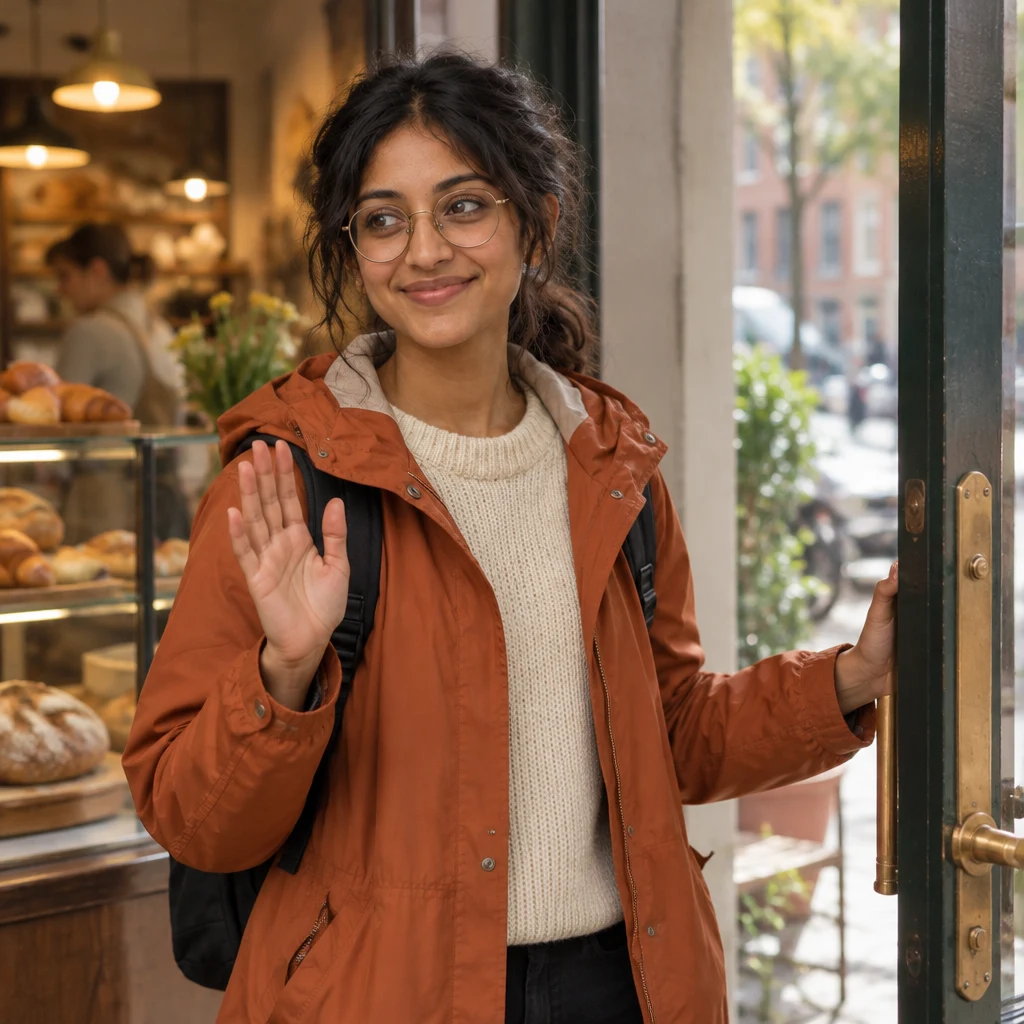 Priya pauses in the doorway with one hand on the door and lifts her other hand in greeting.