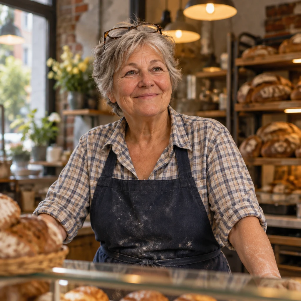 Renate looks toward the entrance from behind the counter.