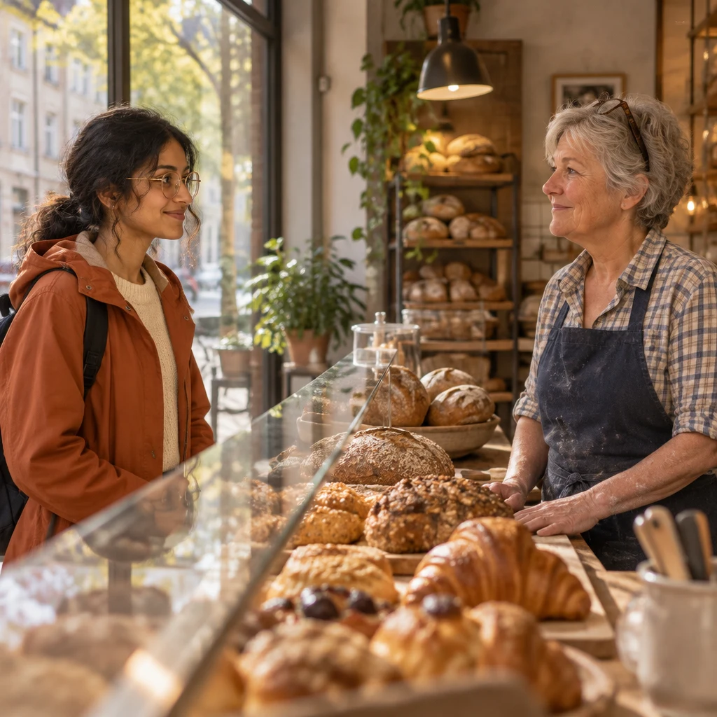 Priya and Renate face each other across the counter in a polite greeting.