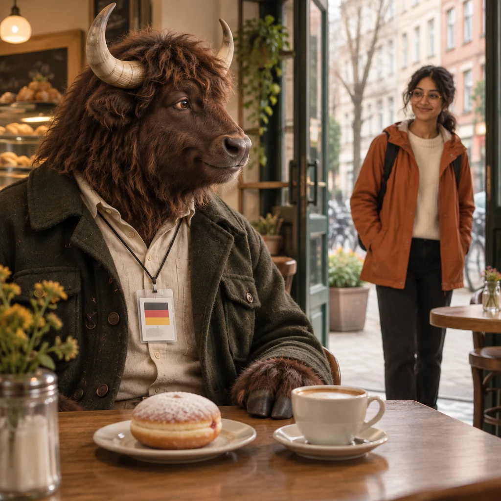 Anton turns toward Priya while his Pfannkuchen and Milchkaffee remain untouched on the corner table.