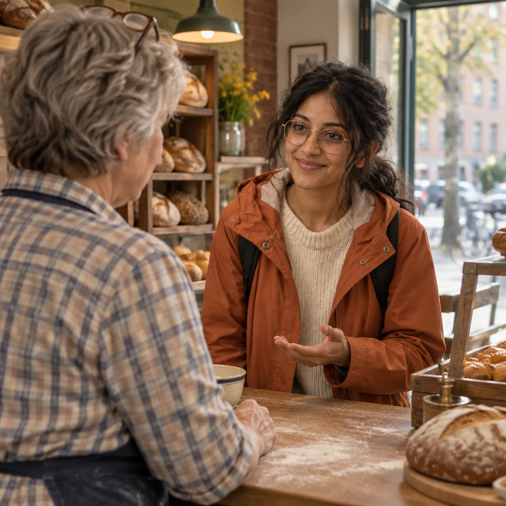 Priya leans forward slightly and opens one hand toward Renate across the counter.