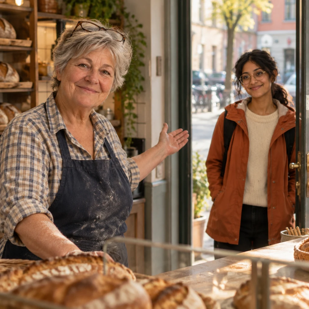 Renate warmly welcomes Priya with a raised hand while Priya waits at the doorway.