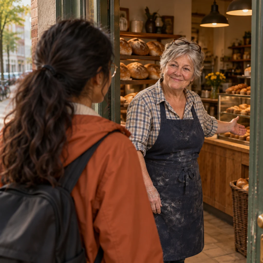 From the threshold, Priya sees Renate beckoning her into the bakery.