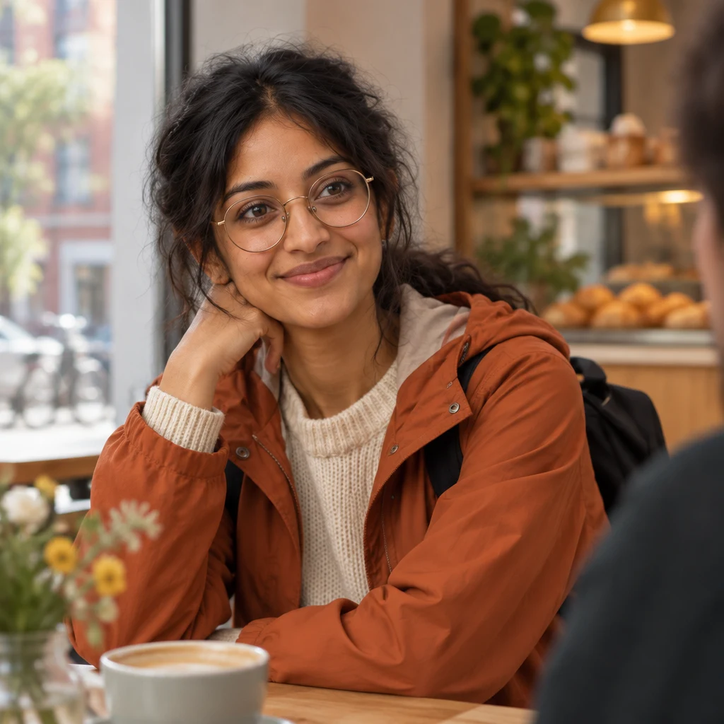 Priya responds to Anton with a relaxed expression and an informal lean at the corner table.