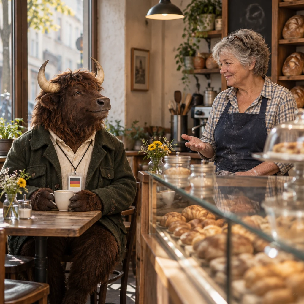 Anton turns from the corner table toward Renate at the counter as she responds to him.