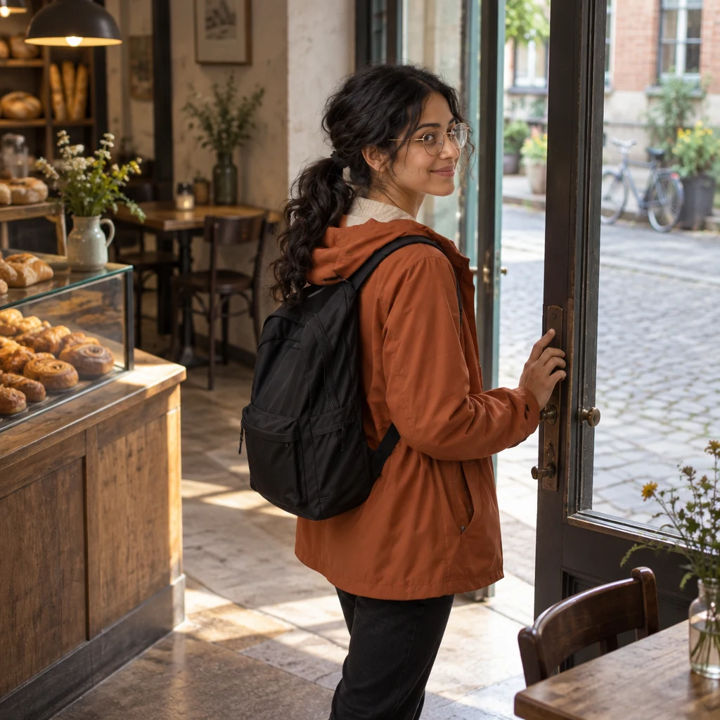 Priya pauses at the threshold with her backpack on and one hand on the door, ready to leave.