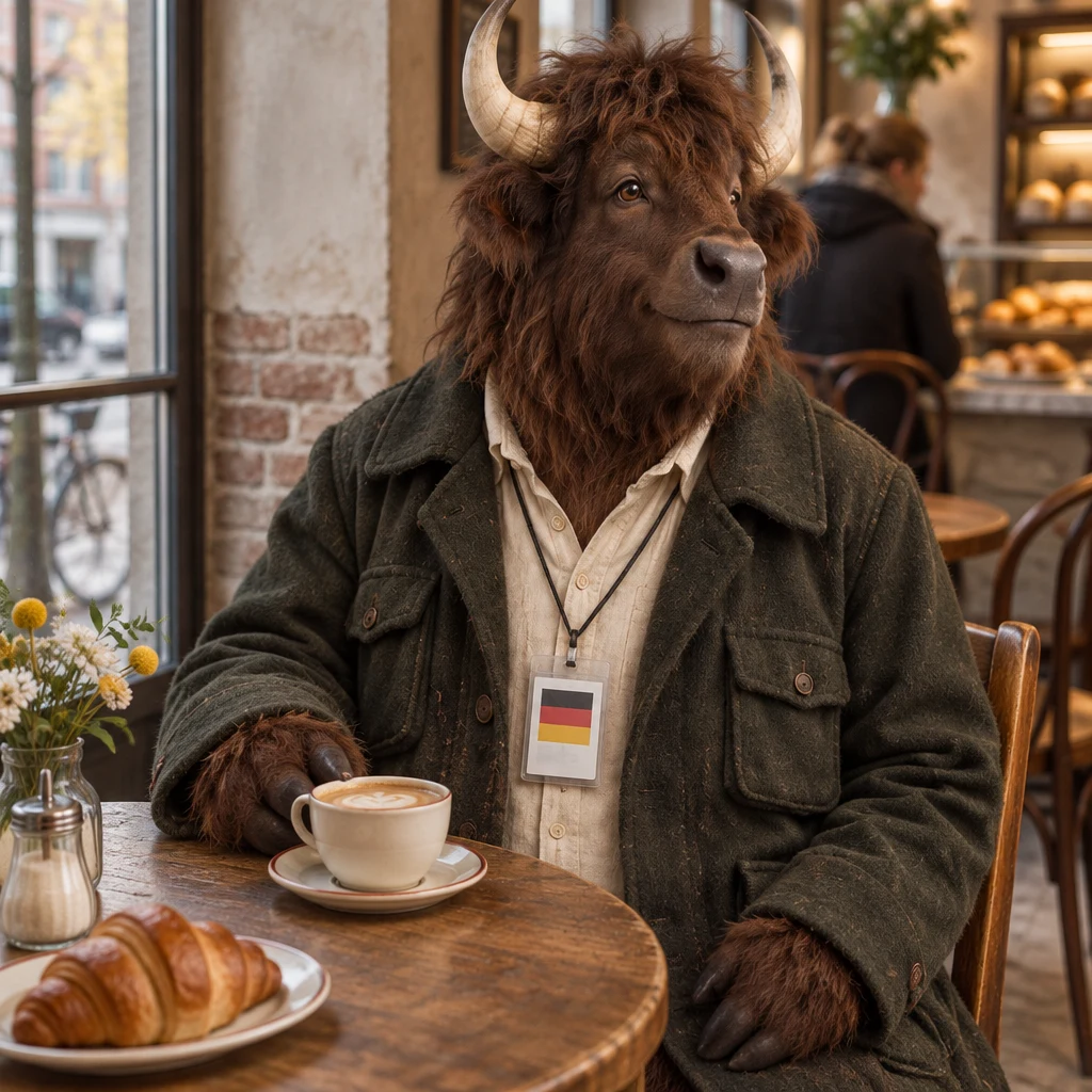 Anton stays seated beside his nearly full milky coffee, one hoof resting close to the cup.