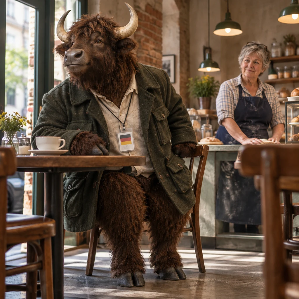 Anton remains in his chair and glances toward the door as Renate looks over from the counter.
