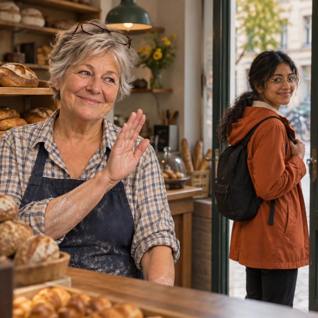 Renate warmly sends Priya off as Priya turns toward the bakery door.