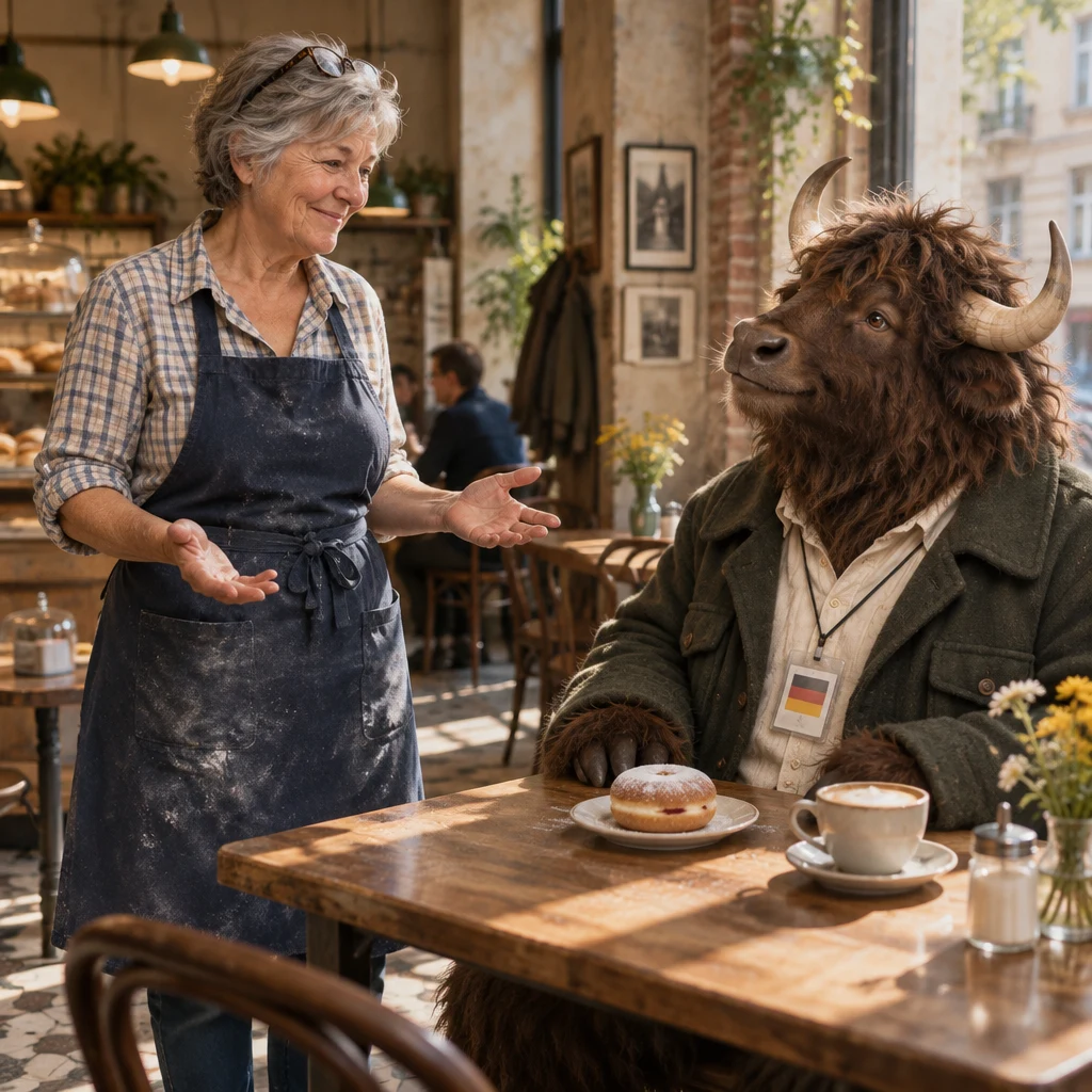 Renate acknowledges Anton's thanks with a relaxed open-handed gesture beside the corner table.
