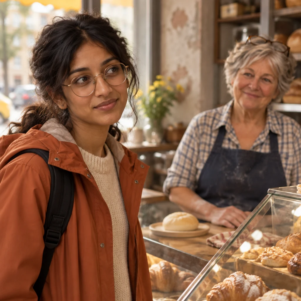 Priya pauses beside the pastry case with a questioning expression.