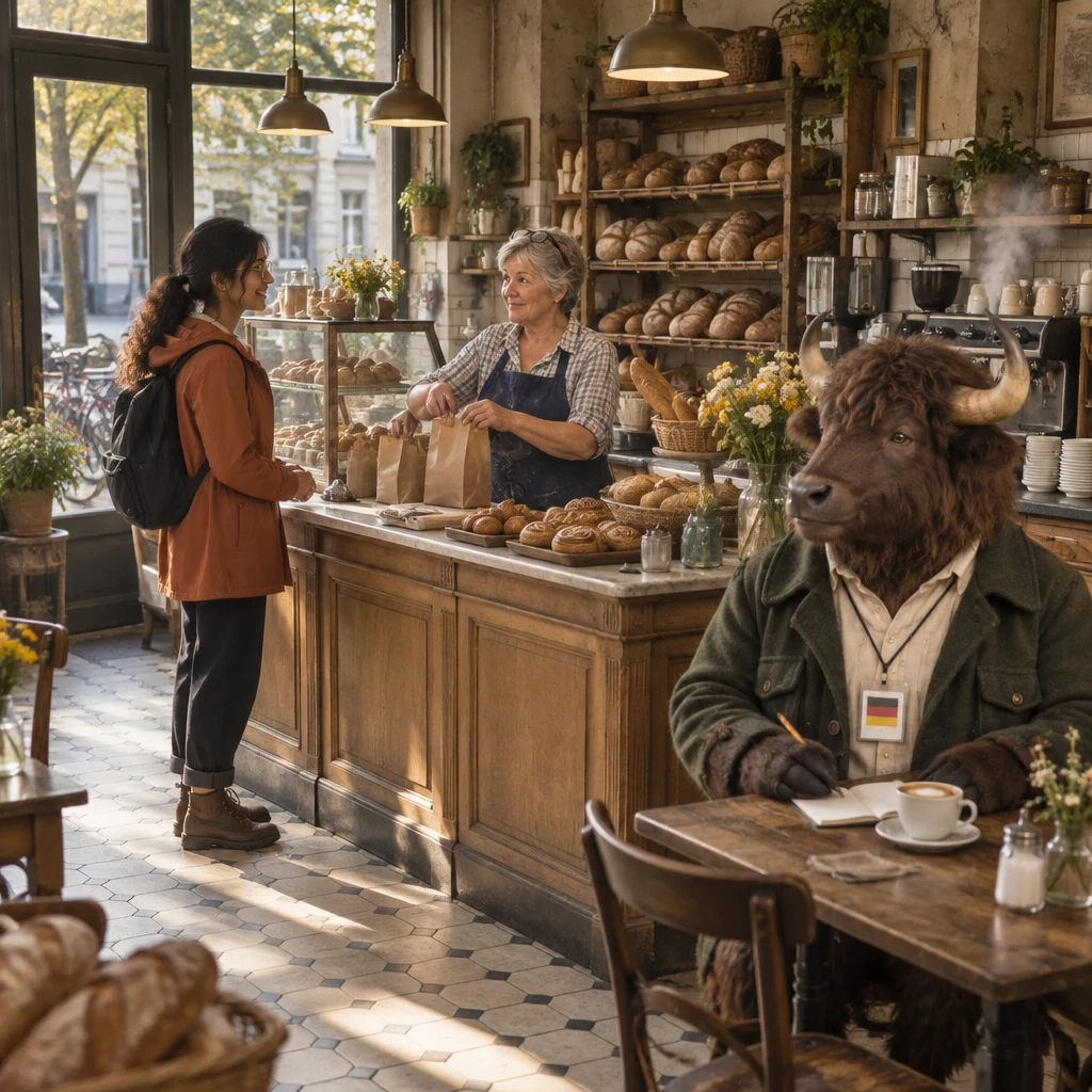 Priya listens at the counter while Renate gestures briskly over paper bags and Anton waits at the corner table.