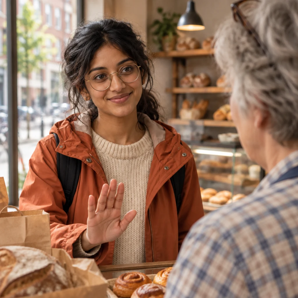Priya raises one palm politely toward Renate to ask her to slow down.