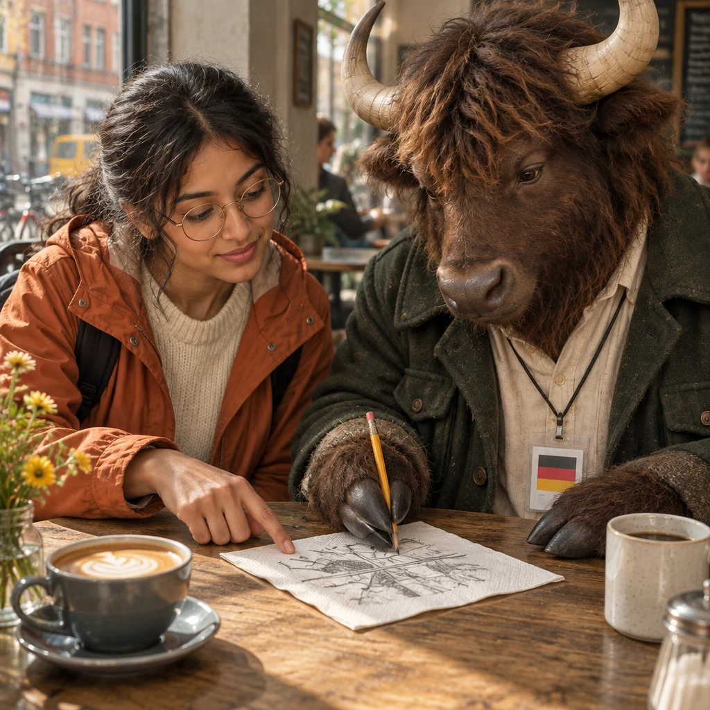 Anton writes on the napkin as Priya checks what he has written.