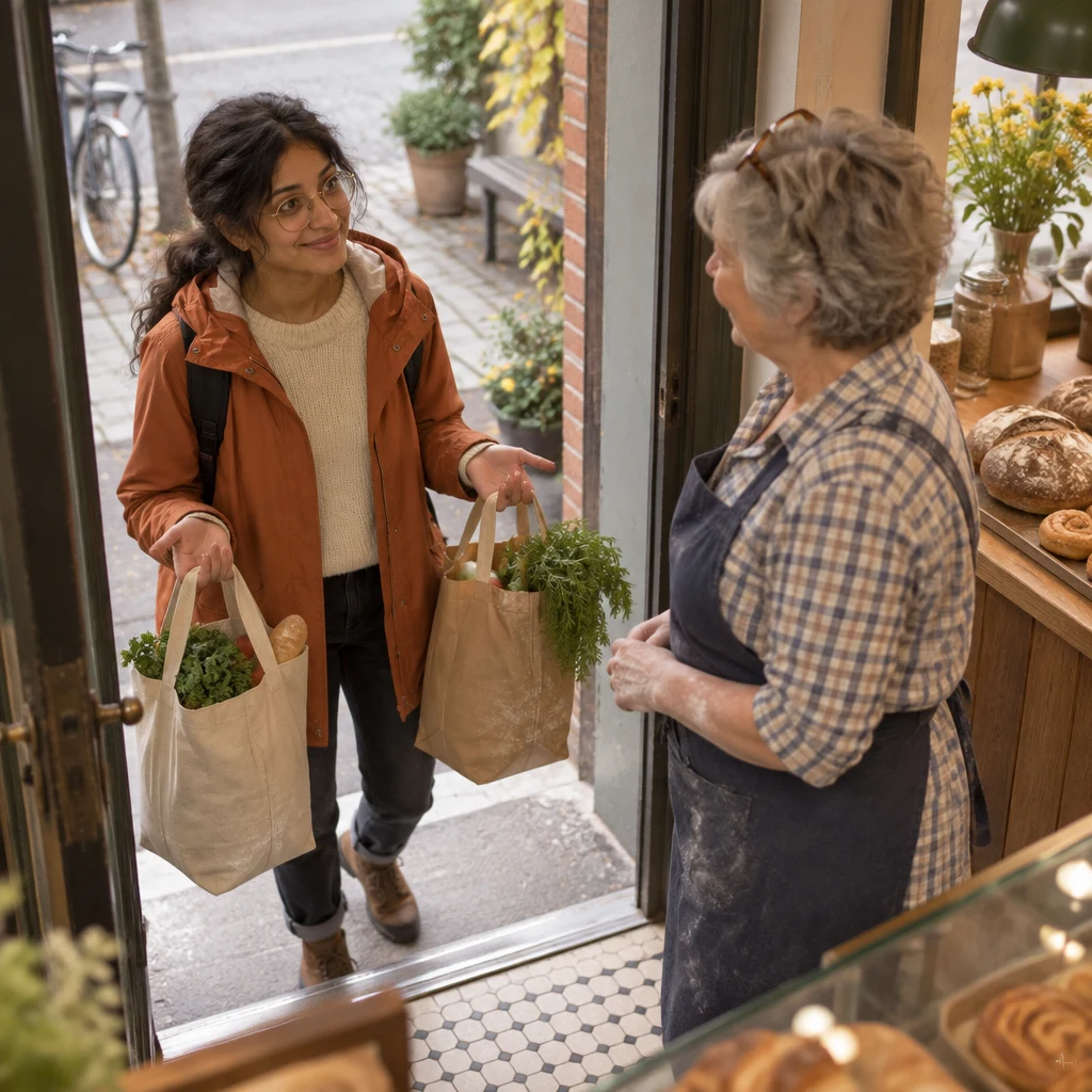 Renate waits at the doorway while Priya turns toward her, still holding both bags.