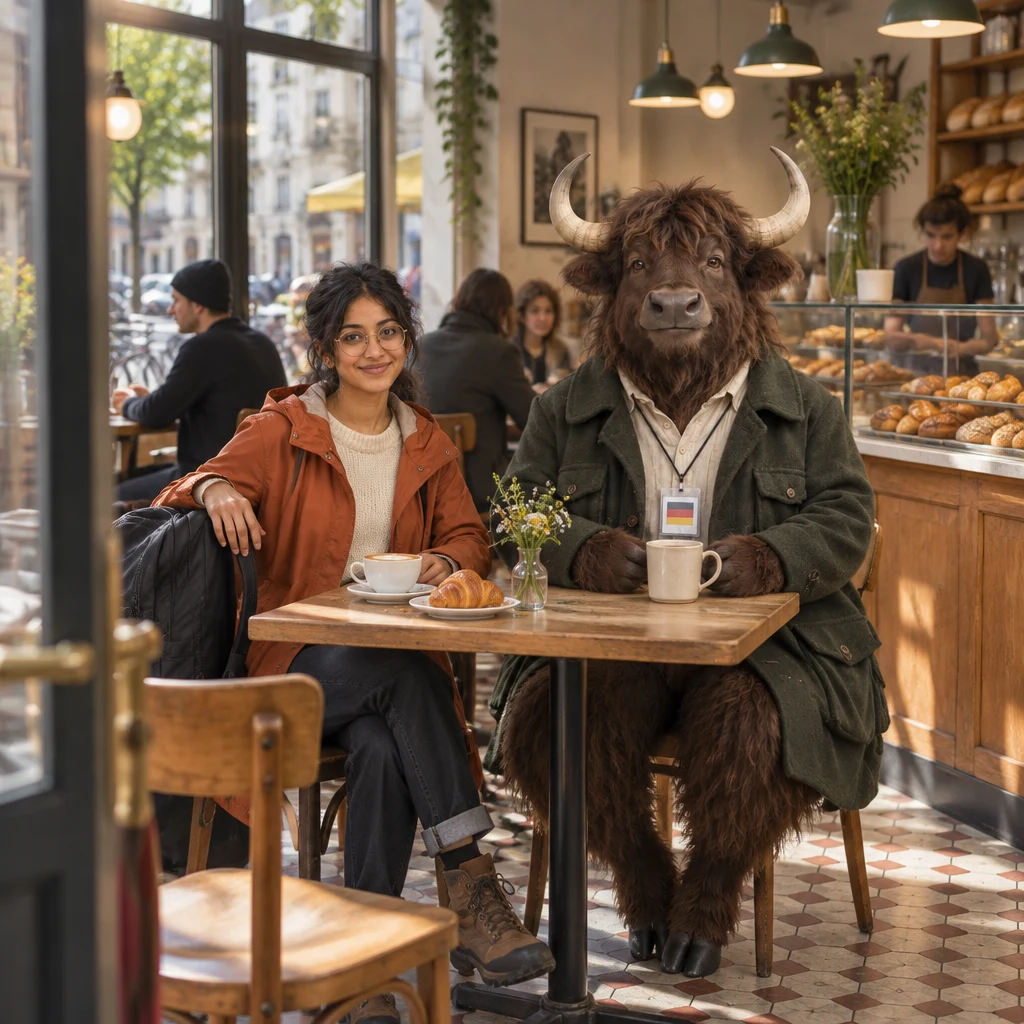 Priya’s backpack rests on a chair while Anton sits at the corner table with his ticket on a cord and a full coffee.