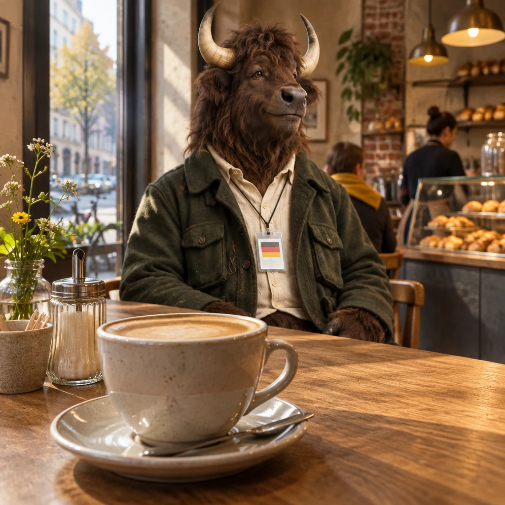 Anton sits beside his untouched full milky coffee at the corner table.