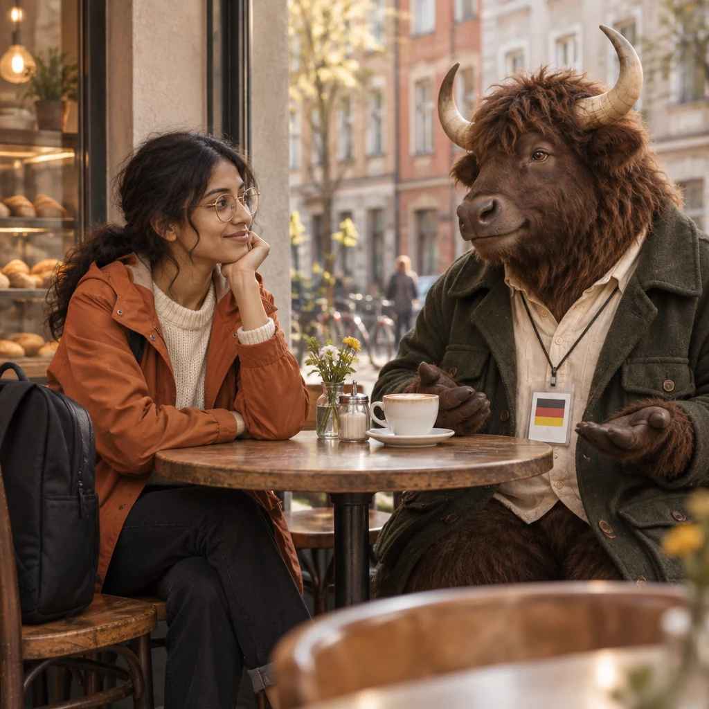 Anton gestures that he has no spare while Priya listens across the corner table.