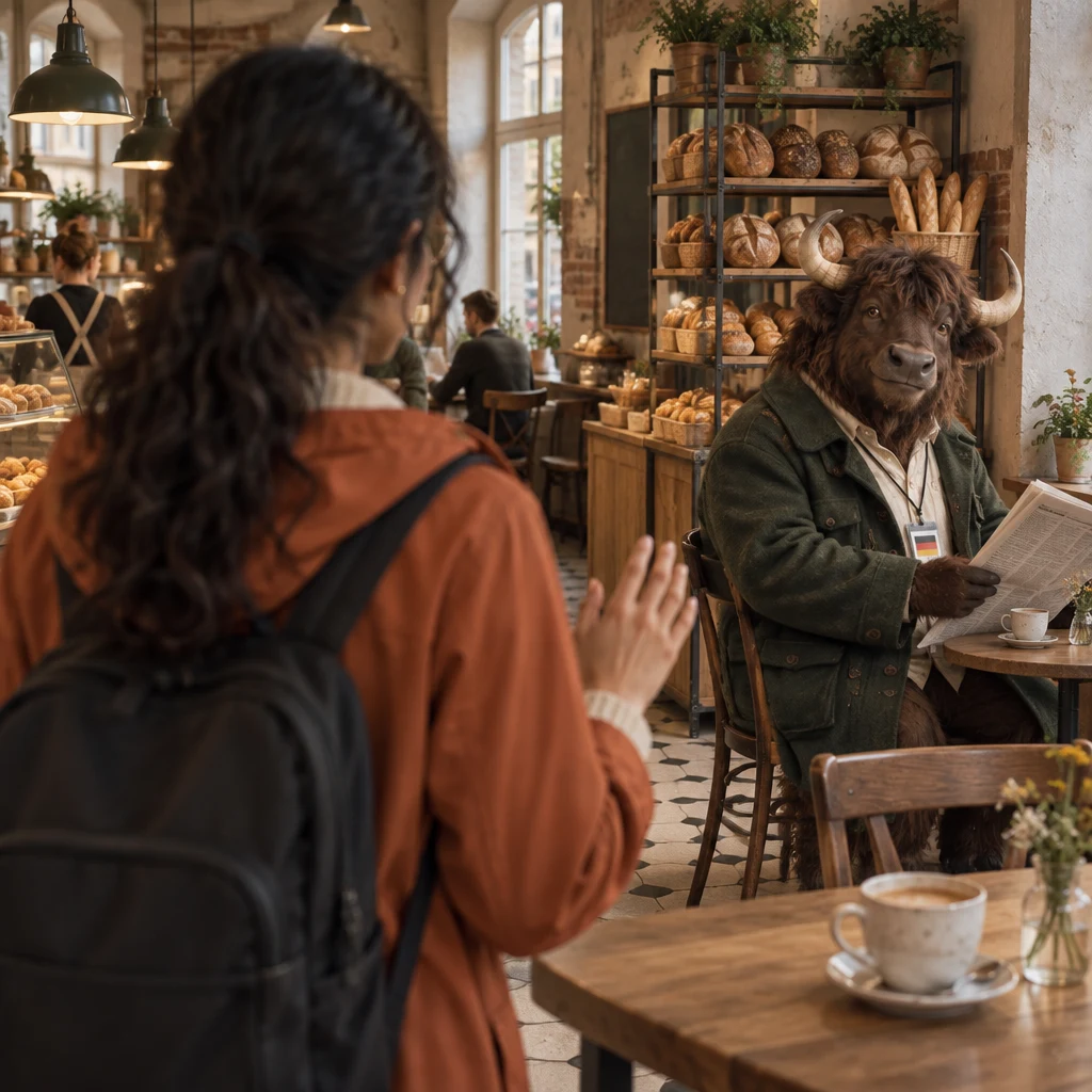 Priya reaches the corner table and looks toward the bread shelf to find Anton.