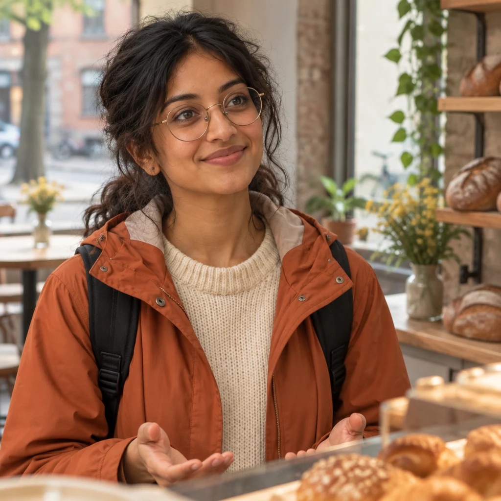Priya turns toward the counter and politely asks whether she may take the chair.
