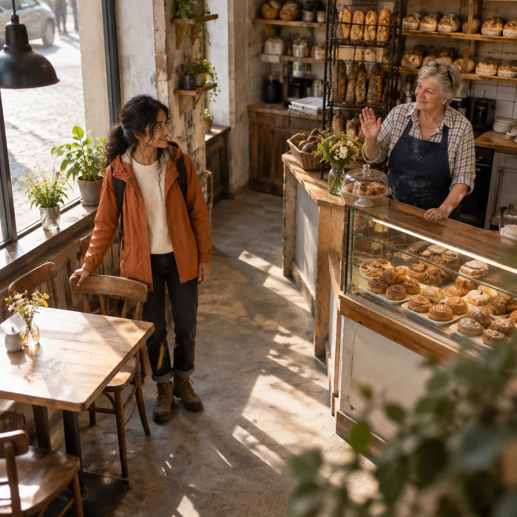Priya stands beside the empty table by the window while Renate nods yes from the counter.