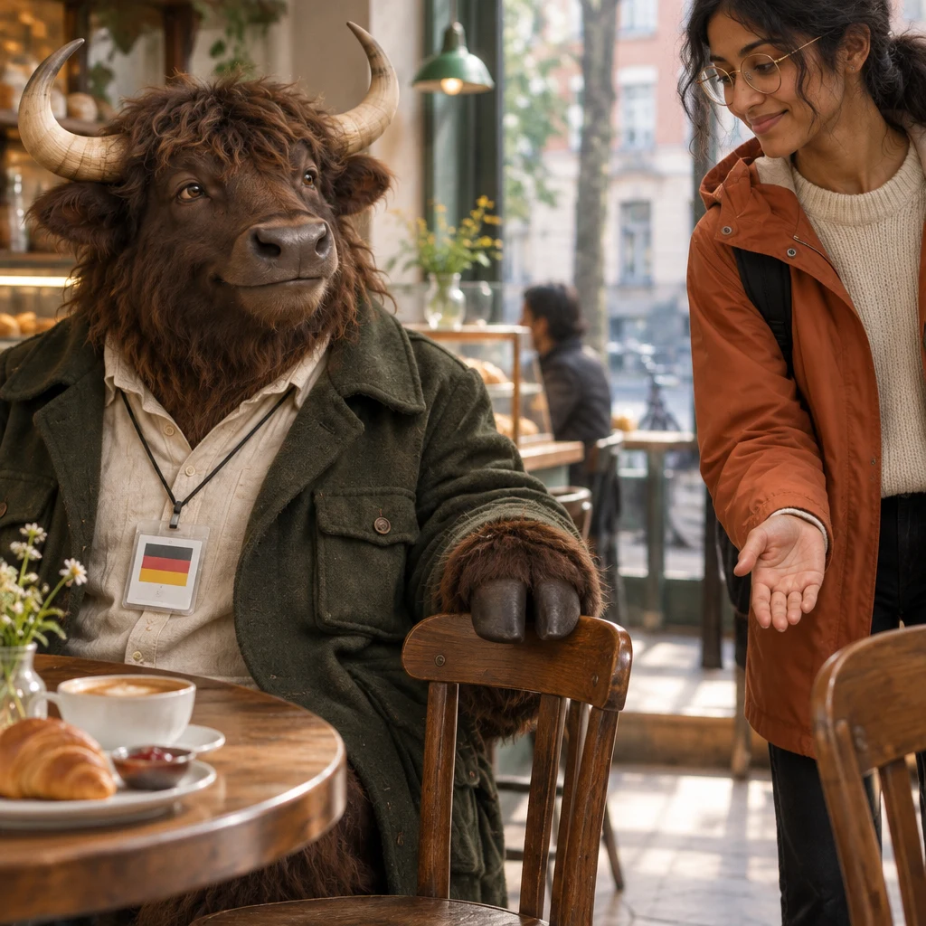 Anton keeps a hoof on the second chair while Priya asks whether she may take another chair.