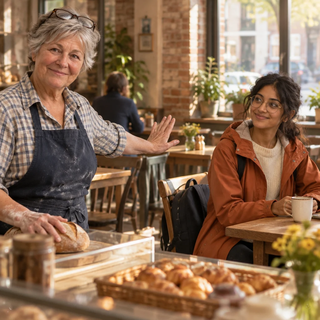 Renate raises a palm toward the backpack on the chair to ask Priya to stop.