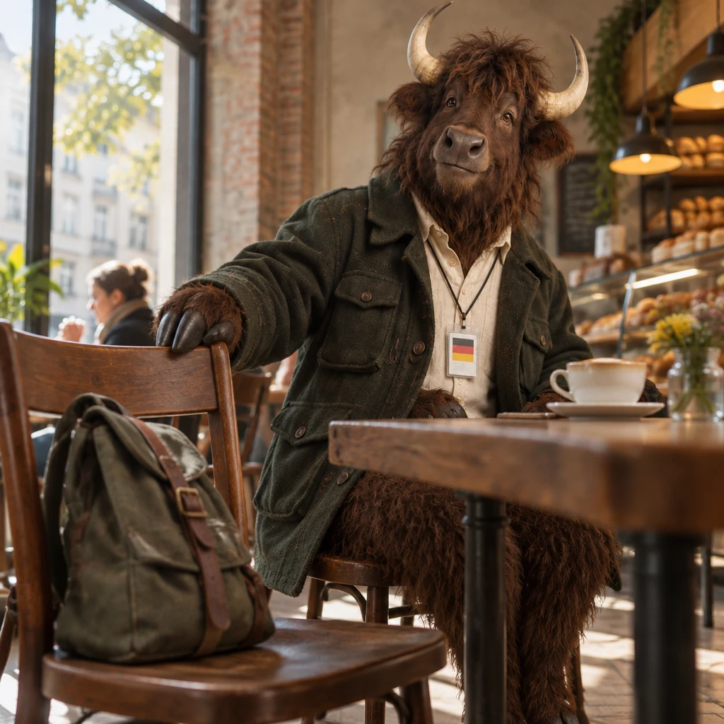 Anton taps the extra chair with a hoof while remaining seated beside his full coffee.