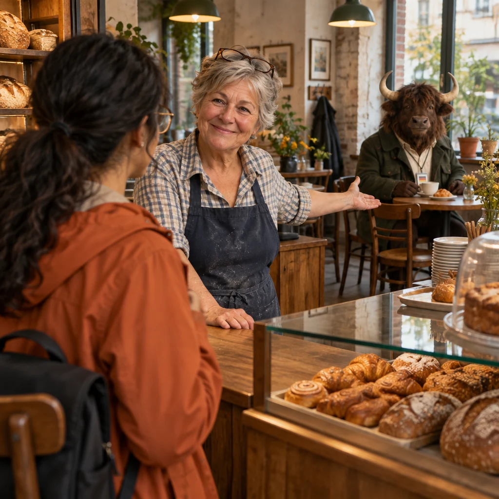 Priya turns toward Renate as Renate gestures from the counter toward Anton’s table.