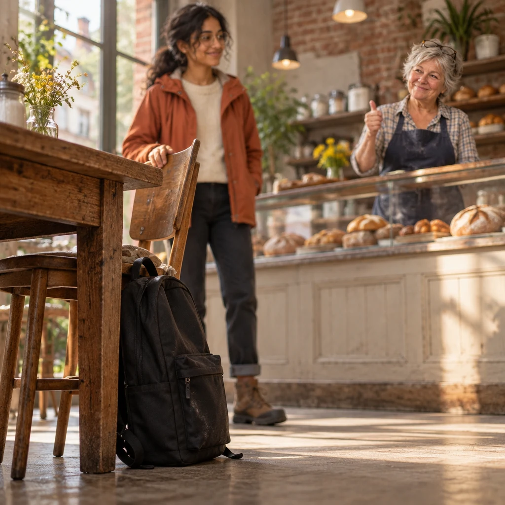 Priya sets her backpack by her feet as Renate gives an approving gesture from the counter.