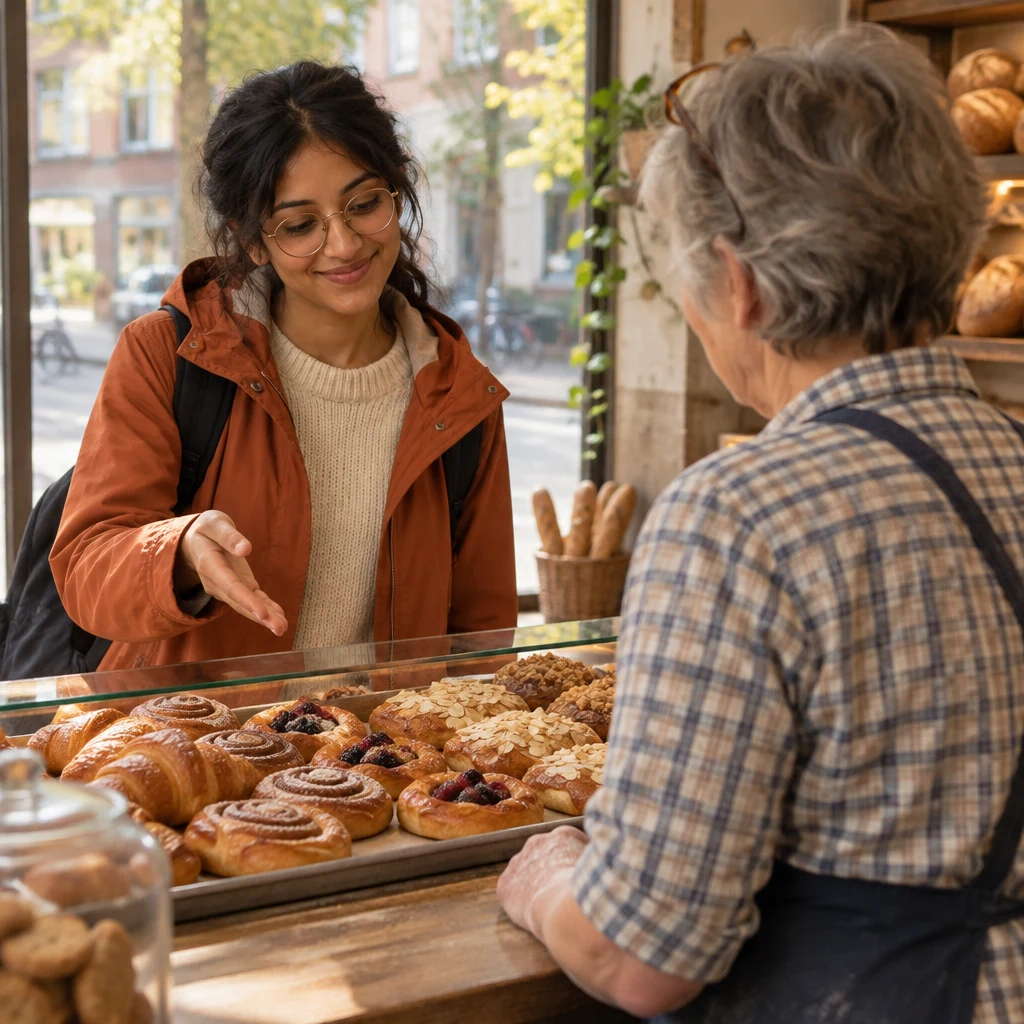 Priya leans toward the pastry tray and welcomes a different pastry.
