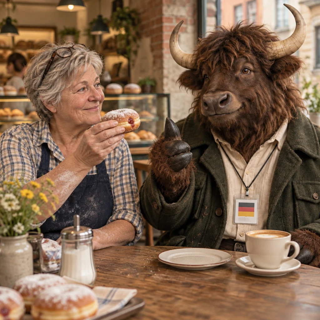 Anton gives Renate an easy affirmative gesture while seated beside his coffee and plate.