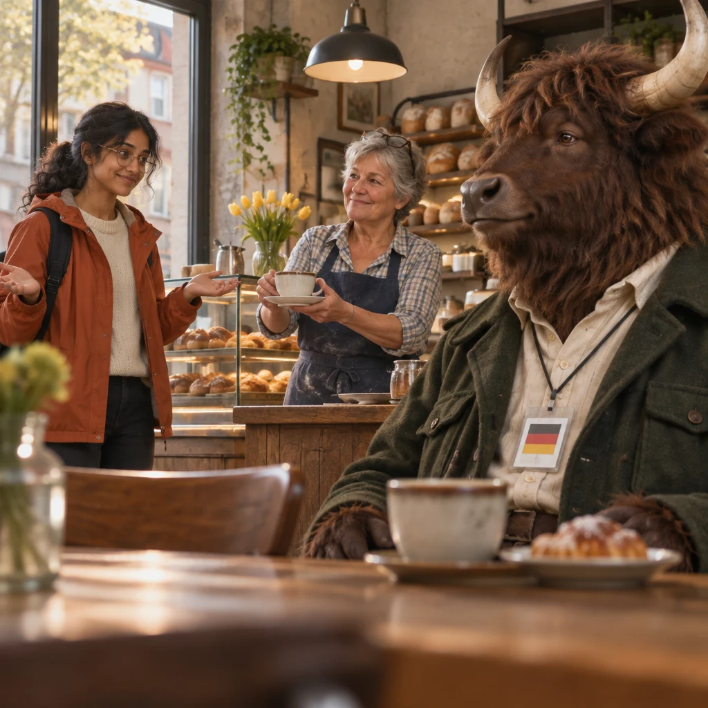 Priya gives a mild, noncommittal response when Renate offers her coffee.