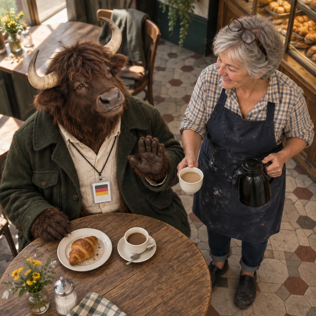 Anton politely refuses Renate’s offer of more milky coffee.