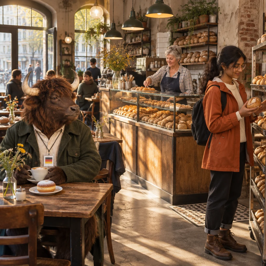 A wide view establishes the busy bakery, with Anton at the corner table, Renate behind the counter, and Priya by the bread shelf.