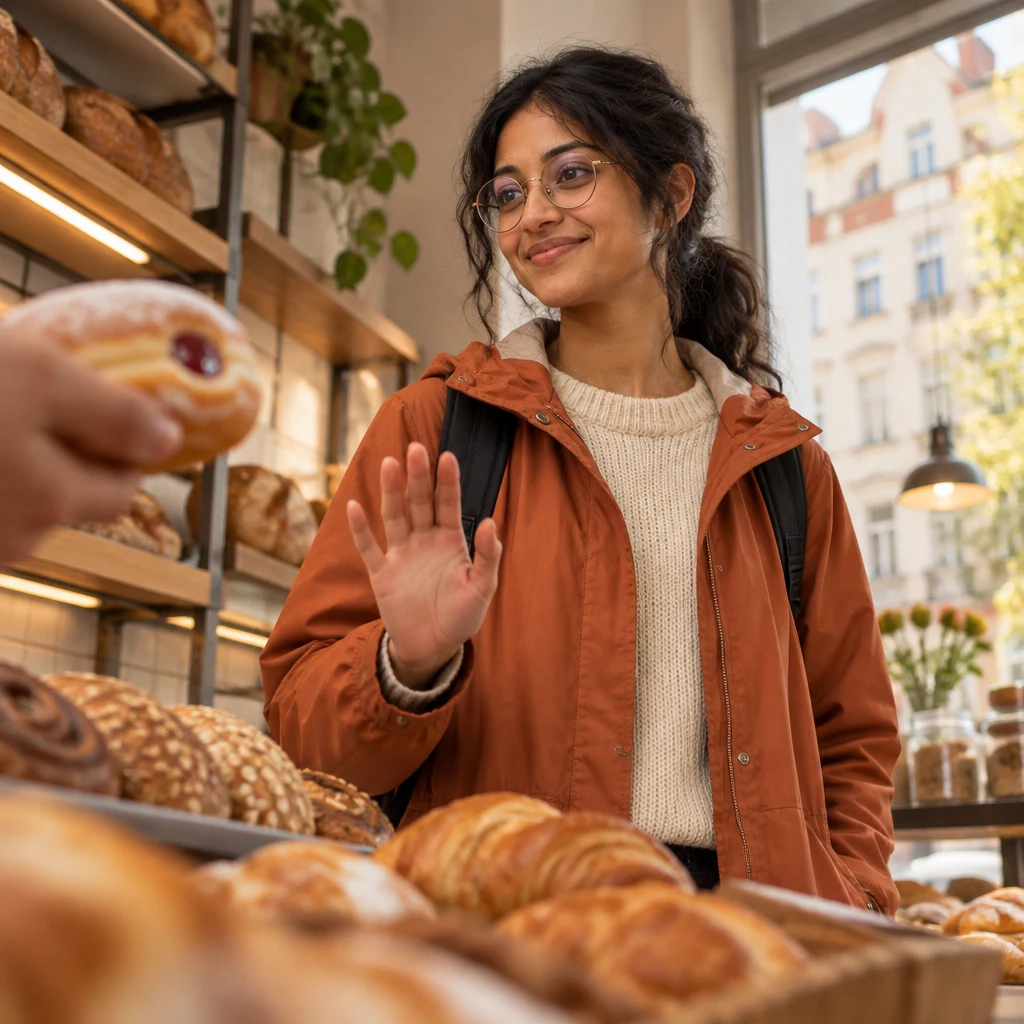 Priya politely rejects the offered doughnut with a small, calm gesture.