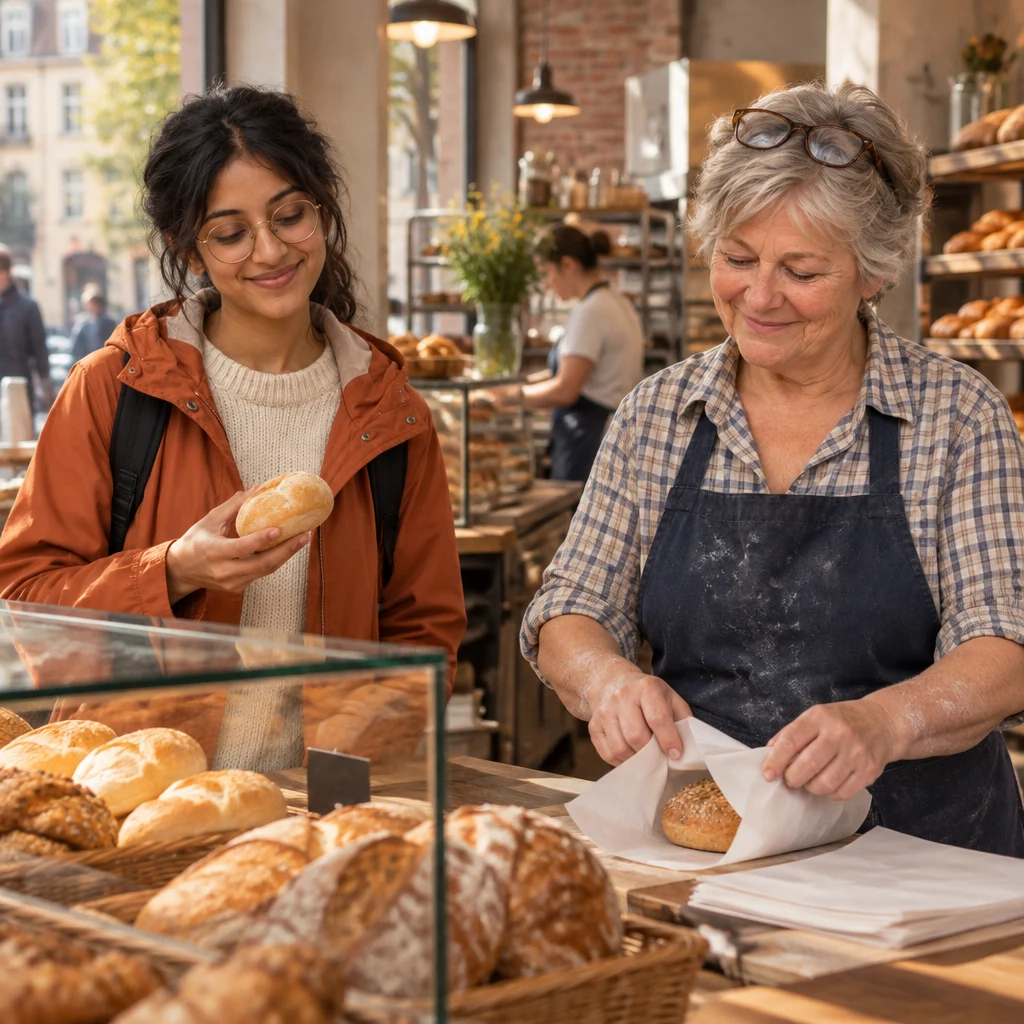 Priya chooses a roll while Renate wraps it at the counter.