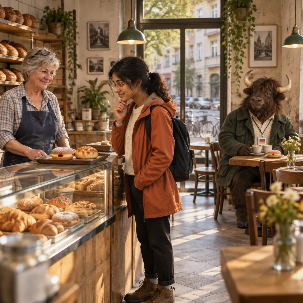 Renate waits at the counter while Priya considers the Pfannkuchen and Käsebrötchen, and Anton sits at the corner table with his coffee and doughnut.