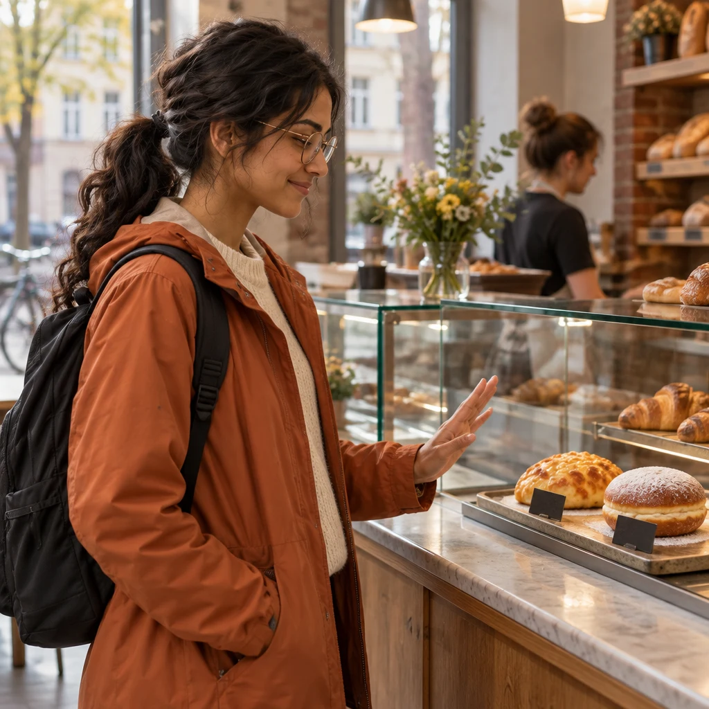 Priya checks the unmarked price tabs and draws back from the more expensive Pfannkuchen.