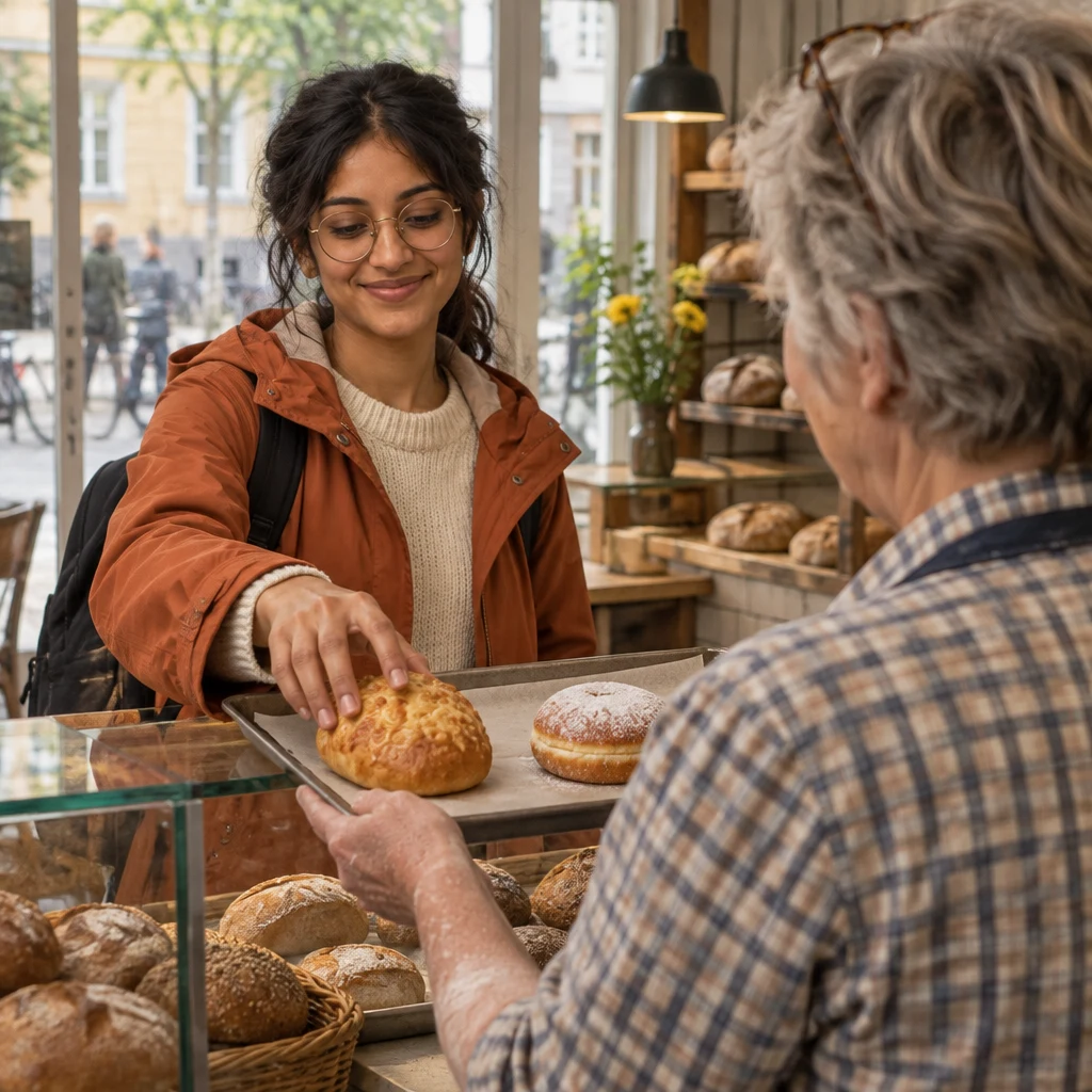 Priya reaches across the tray toward the Käsebrötchen instead of the Pfannkuchen.