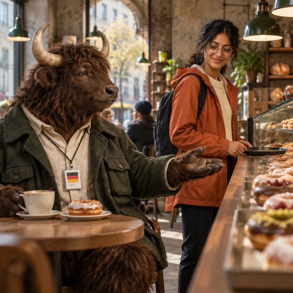 Anton gestures from the corner table toward the pastry case, suggesting a doughnut as another option for Priya.