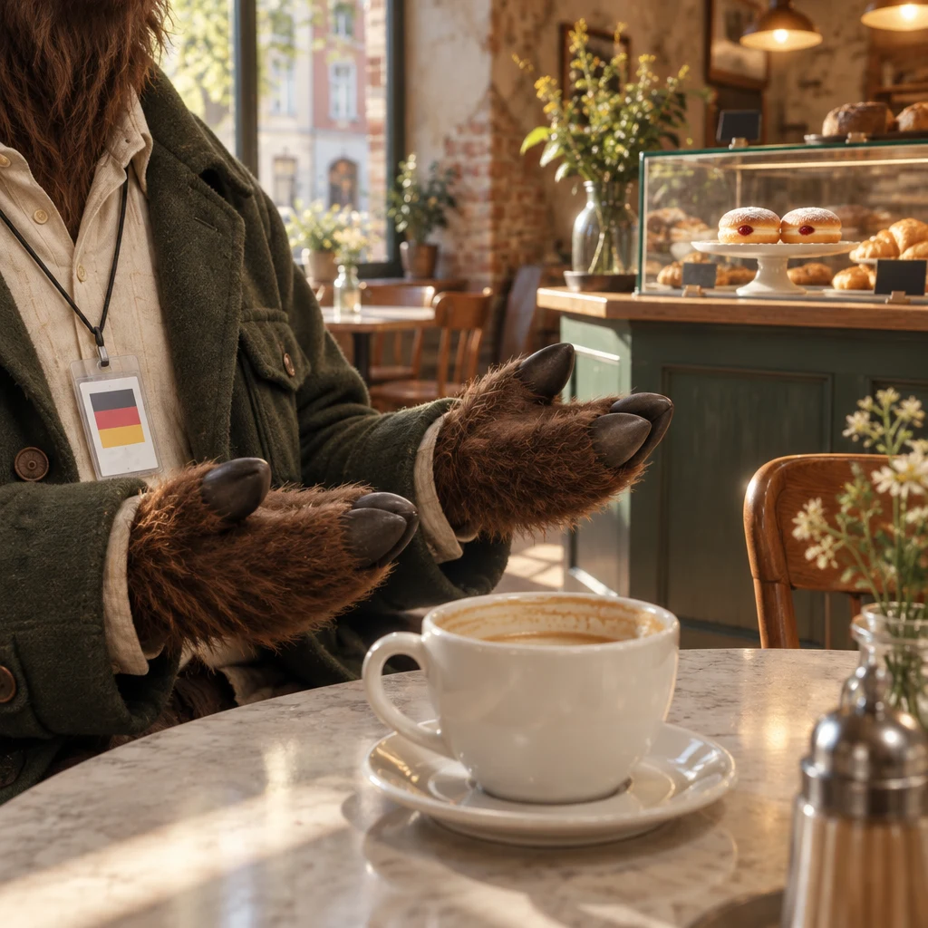 Anton gestures toward the doughnuts from his corner table, considering their sweetness.